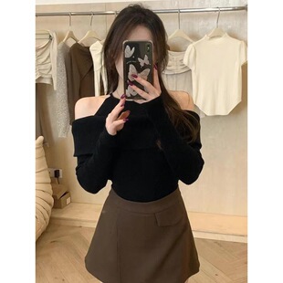 露肩挂脖长袖针织衫毛衣早秋女装独特高级感流行毛衣-阿里巴巴