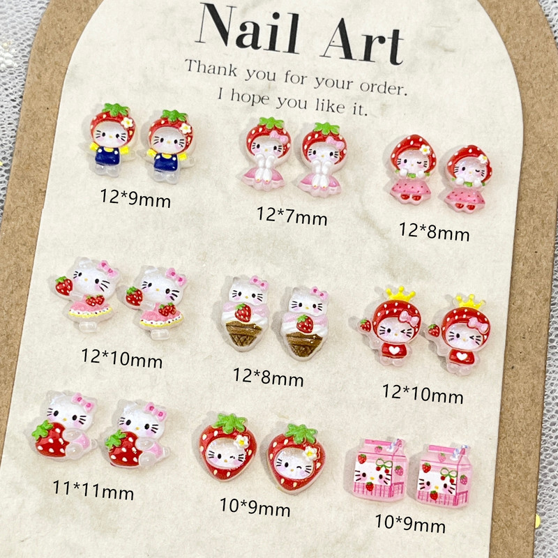 New Strawberry Series Hello Kitty Cartoon Nail Art Jewelry Ice Thin Flash Skirt KT Cat DIY Wear Armor Accessories
