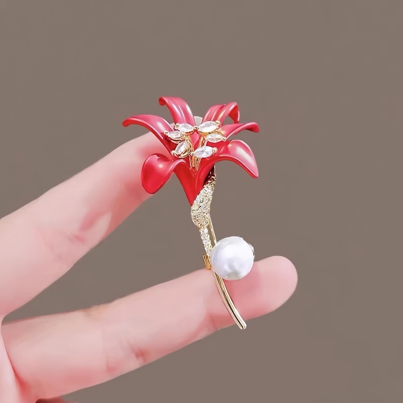 新しいトレンディな赤いユリの花のブローチ、豪華な気質、高級コサージュ、コートスーツ、高級ピンアクセサリー|undefined