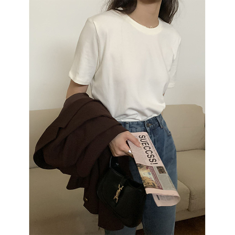 [27 Colors Available] 2025 New Autum Round Neck Brushed T-Shirt Loose and Versatile Pure Color Short-Sleeved Top A1669