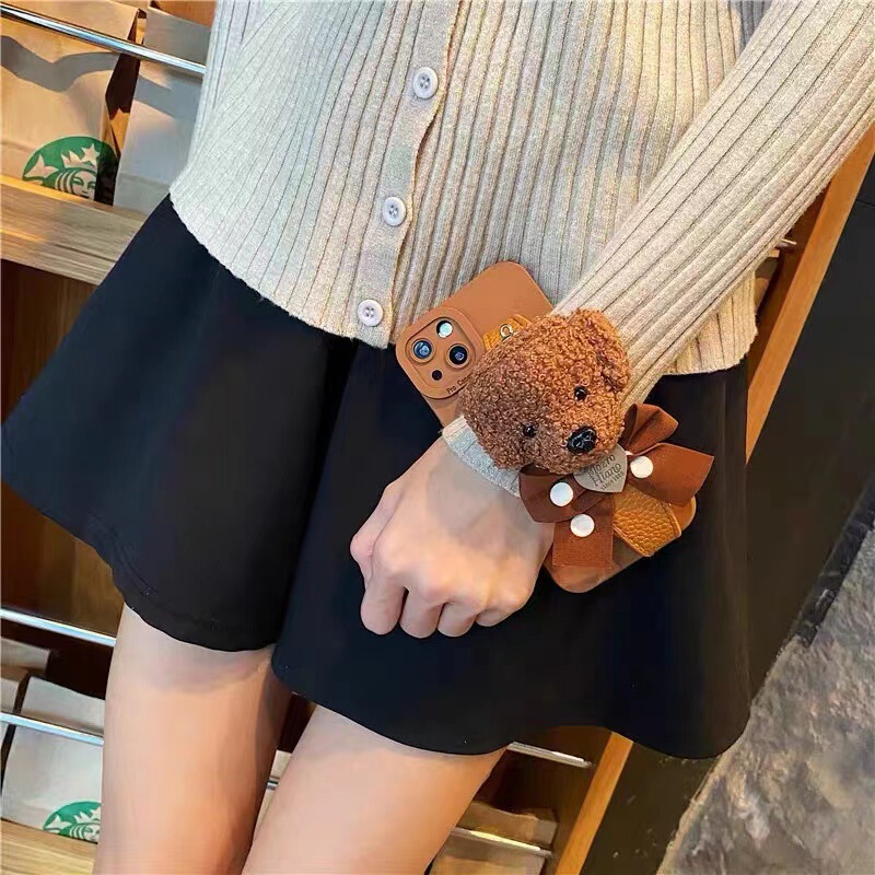 Caramel Brown Teddy Bear Wristband Case for iPhone 17 Pro Max, Apple 16 Full Protection Anti-Fall Soft Case