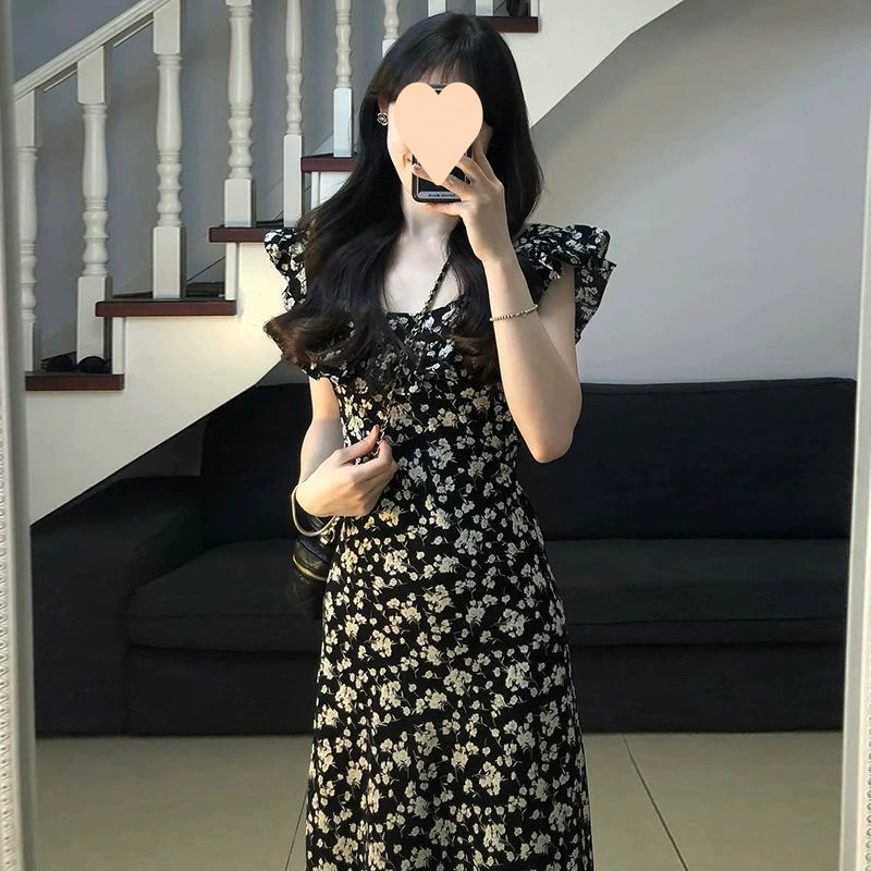 Чайная пауза: французское платье в стиле Хепберн с черным цветочным принтом, женское лето 2025, новое элегантное платье с завышенной талией, стильная длинная юбка.
