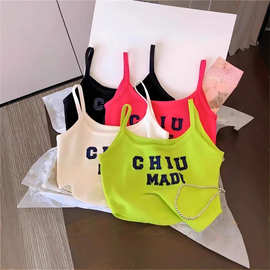 夏季儿童新款潮牌印花吊带无袖上衣女童冰丝螺纹吊带背心时尚外穿