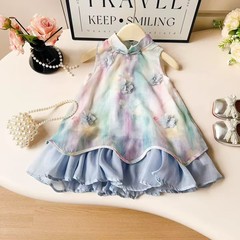 女の子ワンピース夏2025新作立体花染めベストスカート中国風チャイナドレス子供スカート代発