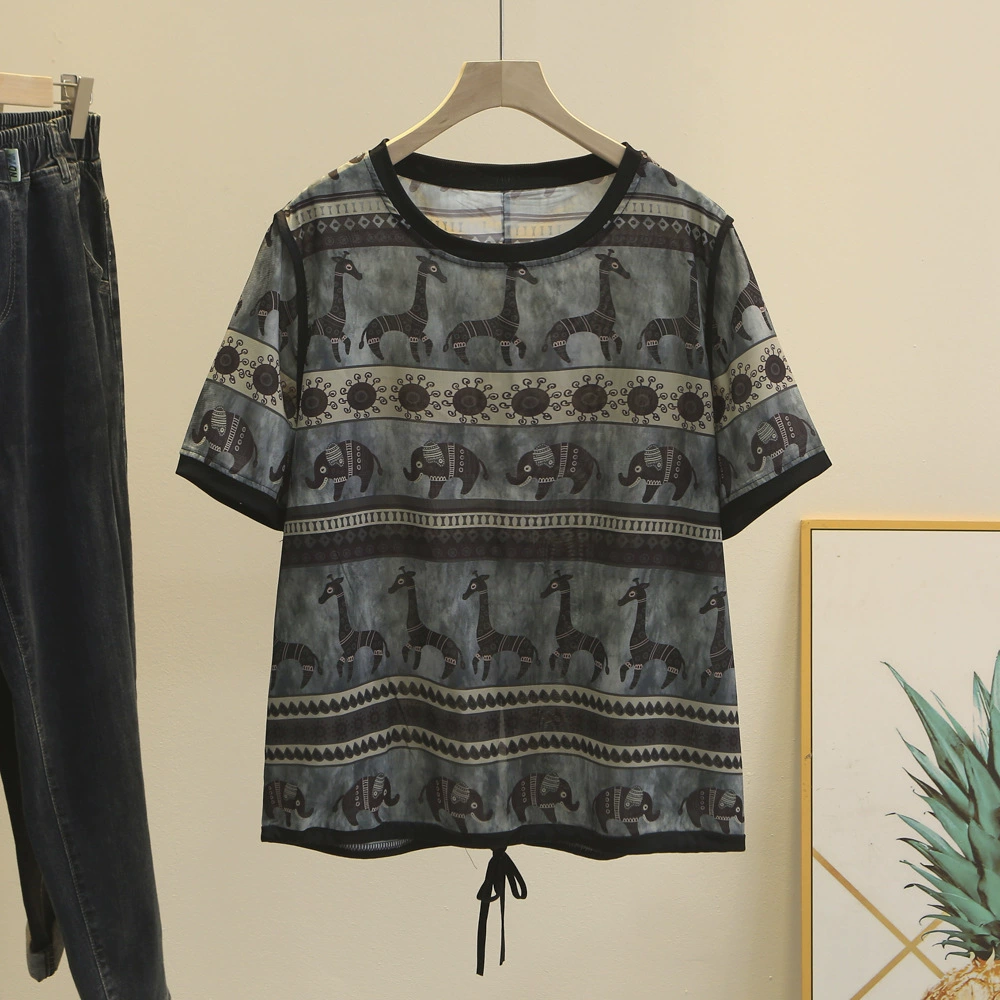 Лето 2025, элегантная футболка большого размера с круглым вырезом и короткими рукавами с принтом, повседневная мода для полных девушек, свободный топ для женщин 8516