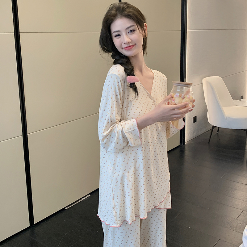 Modal confinement clothing summer thin postpartum pregnant women pajamas two-piece set large size maternal breastfeeding suit July 8