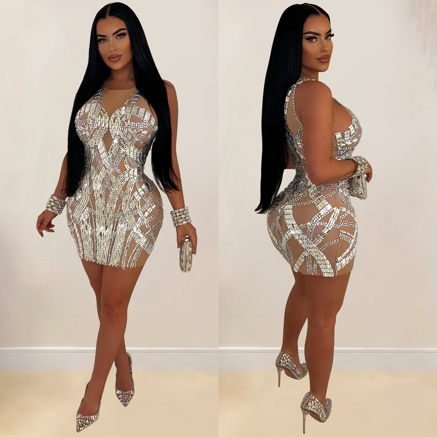 C6898 Cross-border AliExpress Amazon Vestido de falda corta de diamantes calientes de malla de color sólido para mujer de moda europea y americana image 4