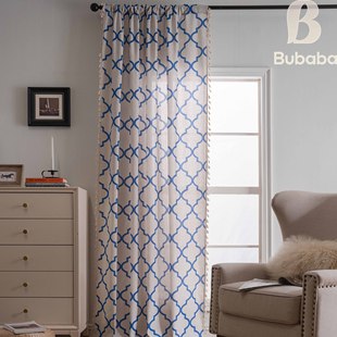 Flying Cat Cross-Border Printed Finished Curtain Blue Diamond-Shaped Semi-Shading Kitchen Curtain Bedroom Living Room Bay Window Factory Direct Supply