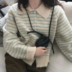 韩系减龄条纹翻领毛衣外套女宽松春秋冬加厚短款软糯针织开衫外穿