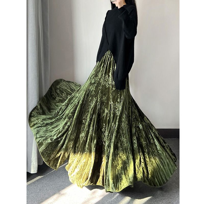 Long Printed Gold Velvet National Style Retro Green Skirt for Women Autumn and Winter Large Hem Fishtail Skirt Velvet Long Skirt