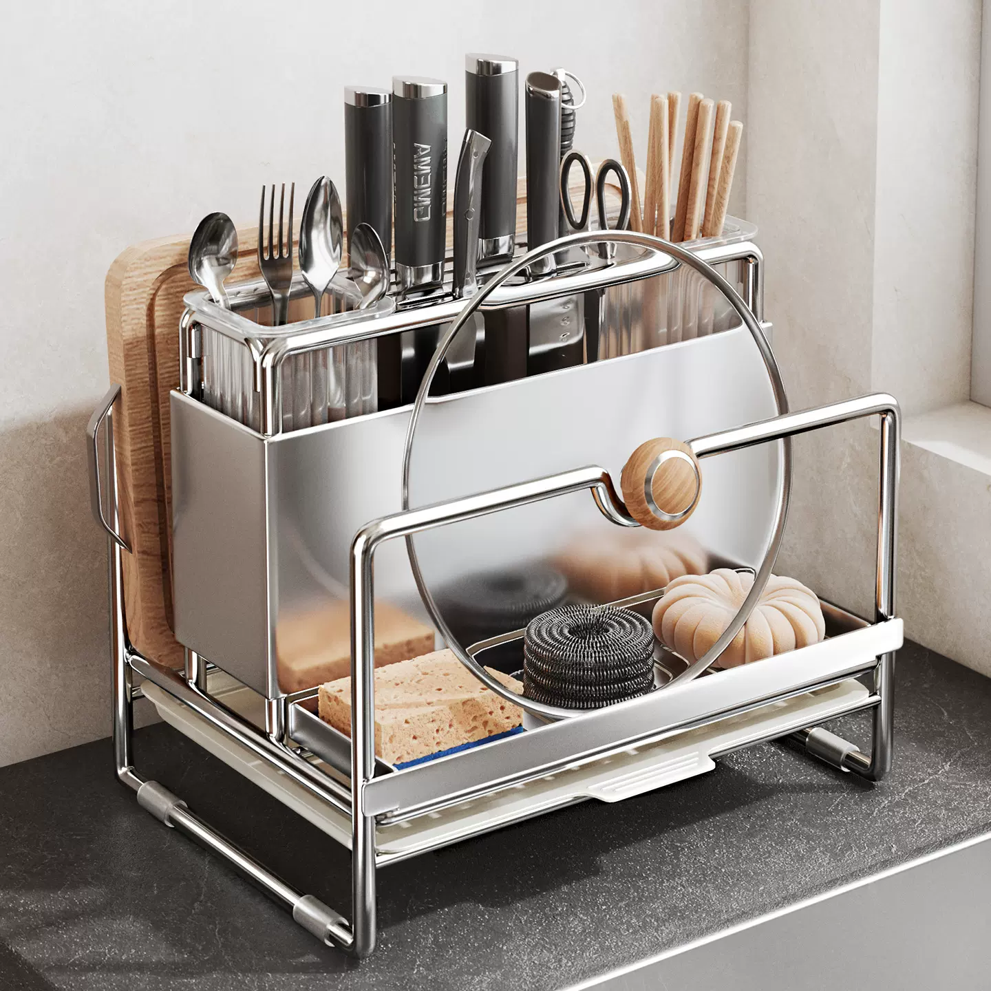 不锈钢刀架置物架新款厨房多功能菜刀筷子笼菜板架一体刀具收纳架