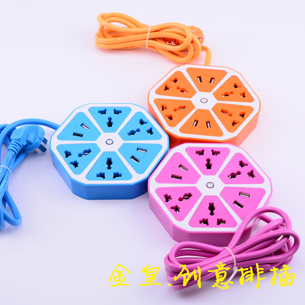 微信110V办公创意 4USB充电 炫彩 六角 水果柠檬趣接线插座板