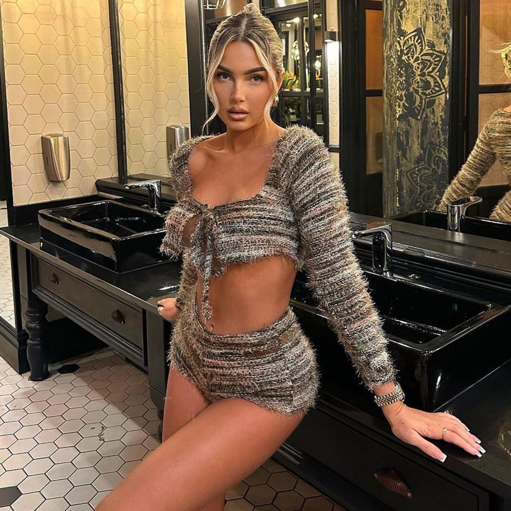 Women Clothing Autumn Winter Pine Needle Wool Exposed Cropped Hollow Out Cutout out Strap Short Shipment Long Sleeve Two Piece sets 9 Women Clothing Autumn Winter Pine Needle Wool Exposed Cropped Hollow Out Cutout out Strap Short Shipment Long Sleeve Two Piece sets