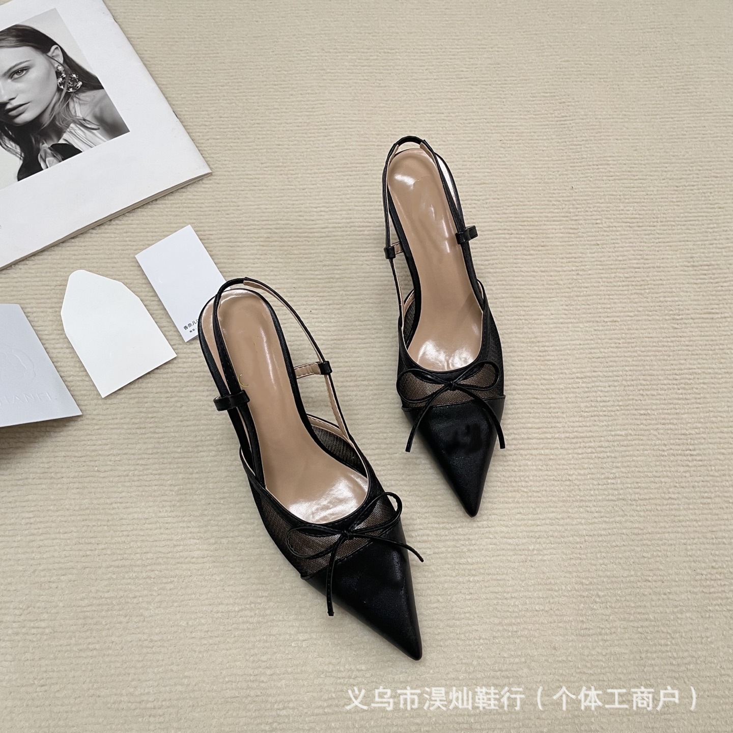 小香风高跟包头凉鞋2025年春季新款7CM细跟后空高根蝴蝶结女鞋