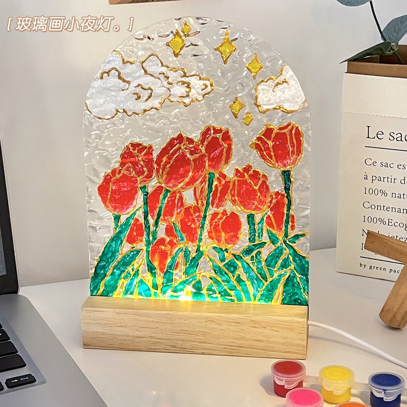 Goddess Day Handmade DIY Tulip Glass Painting Night Light Material Kit Water Ripple Acrylic Board Painting Oil Painting