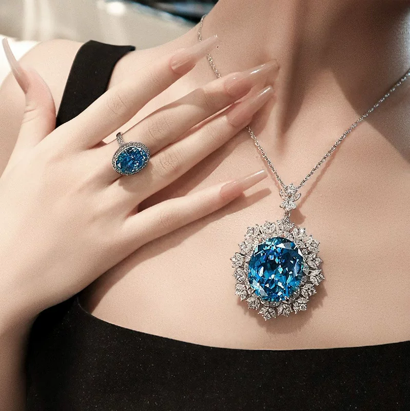 Сапфировый кулон, серьги, комплект, цирконий, с камнем