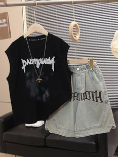 Boys Summer Clothes 2025 New Children's Summer Sleeveless Vest Suit Big Children's Trendy Brand Denim Shorts Fashionable