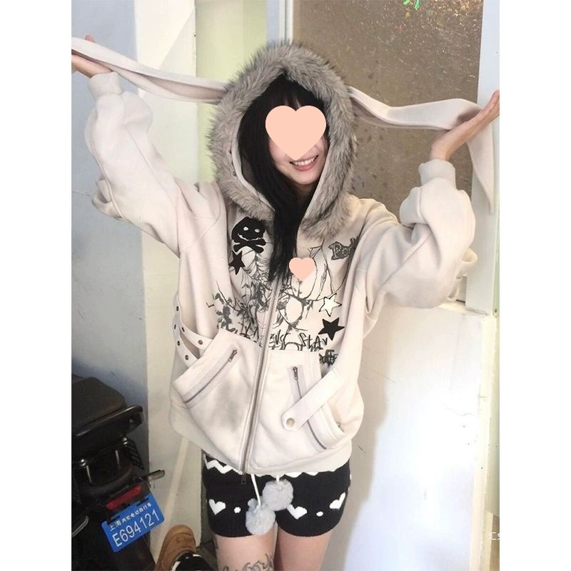 亚比兔耳连帽外套女秋冬季设计毛毛领宽松设计感小众加绒开衫上衣