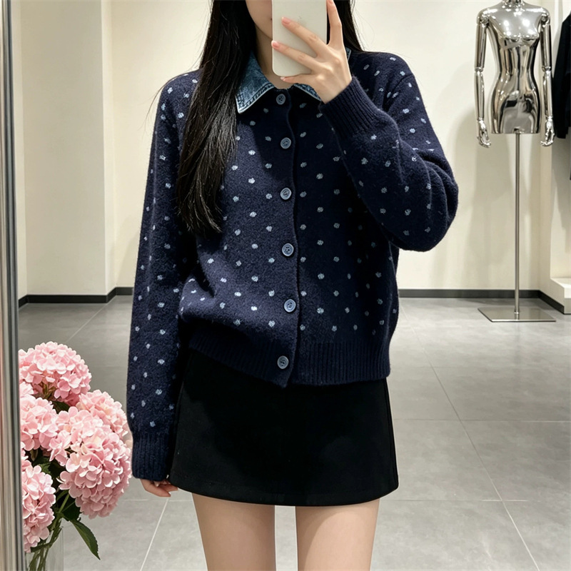 French-Style Polka Dot Faux Two-Piece Denim Patchwork Polo Collar Knit Sweater, Soft and Youthful, New Autumn and Winter Model