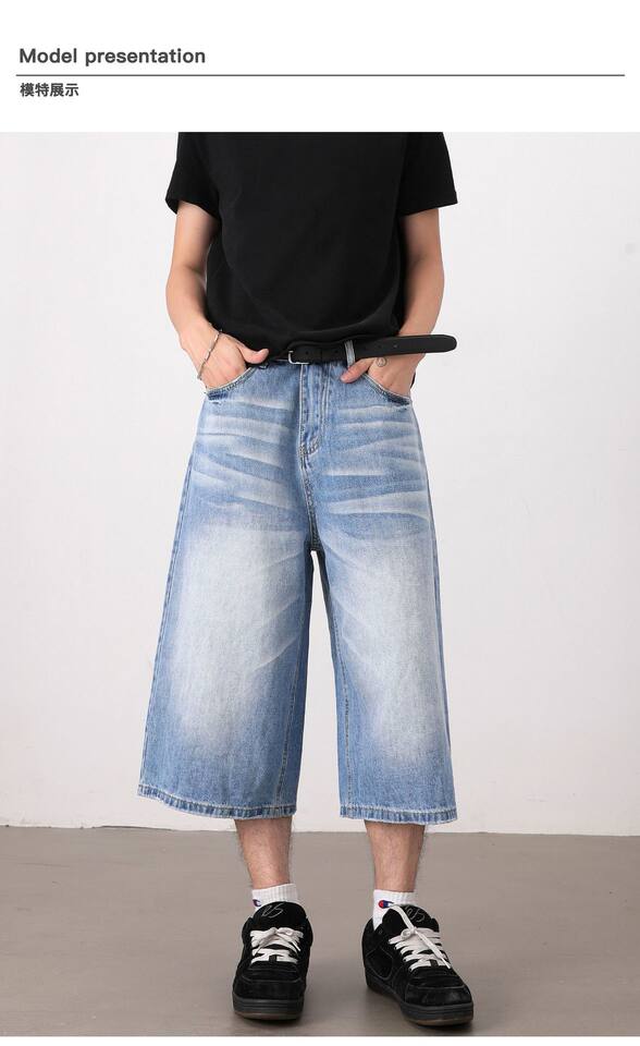 Quần short jeans nam ống rộng dáng lửng phong cách retro giặt mài — Màu xanh dương, Xanh nhạt chi tiết 9