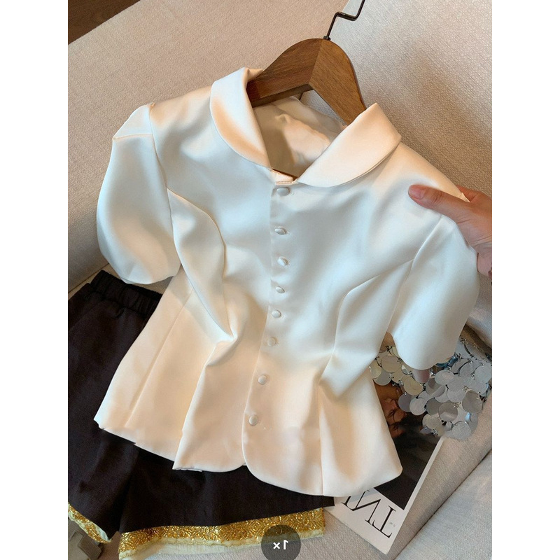 Old Money Style Pearlescent Satin Doll Collar Short Sleeve Women's 2026 Summer New French High-End Elegant Waist-Cinching Top