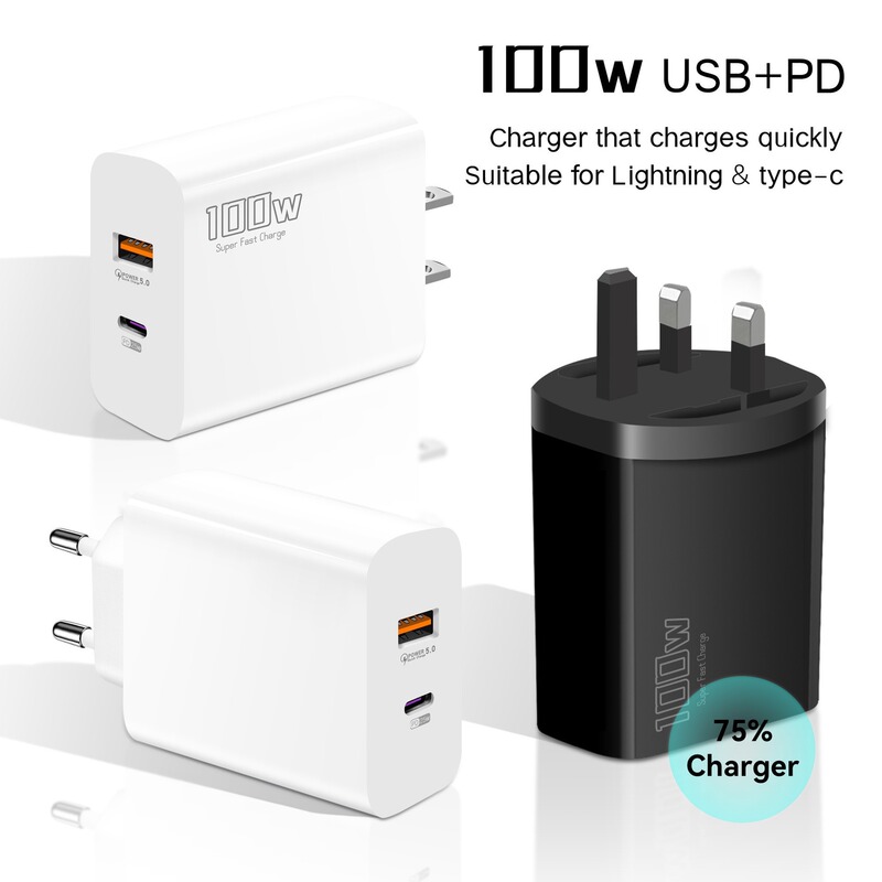 100W Dual-Port Charger Usb+Typec Super Fast Charging Head European, American and British Pd Mobile Phone Adapter Travel Charger