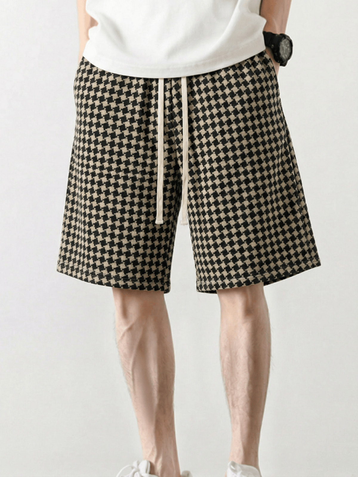 Men's Houndstooth Print Shorts Summer Thin Style Casual High Street Retro Loose Straight Leg Five Pocket Pants_viptrois.com