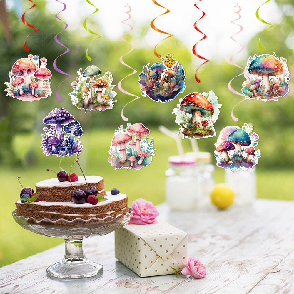 Cruz-frontera nueva acuarela seta fiesta de cumpleaños decoración espiral colgante niños seta fiesta espiral colgante