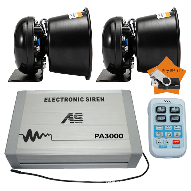 PA3000 car-mounted wireless siren and loudspeaker with high-pitched alarm, USB drive, and MP3 function + Black Hawk speaker
