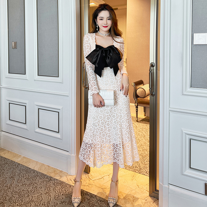 C1729 1440K VÁY ĐẦM LIỀN THÂN NỮ CHOTDNG THẮT NƠ BƯỚM DÀI TAY MÙA XUÂN THU ĐÔNG THỜI TRANG NỮ REN G04 SẢN PHẨM MỚI