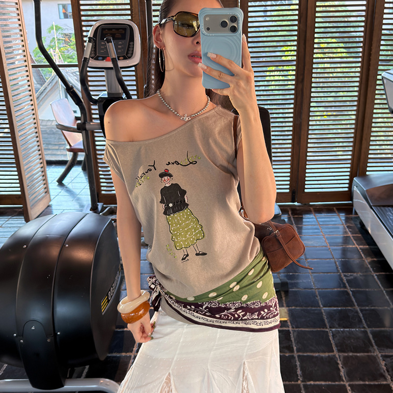 "5.19 Spring/Summer New Collection" Mmfish Fashionable Vacation Girl Printed One-Shoulder Beaded Vest 26t319