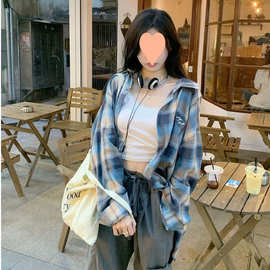 美式复古撞色格子衬衫新款宽松防晒衬衣外套韩系慵懒长袖外穿上衣