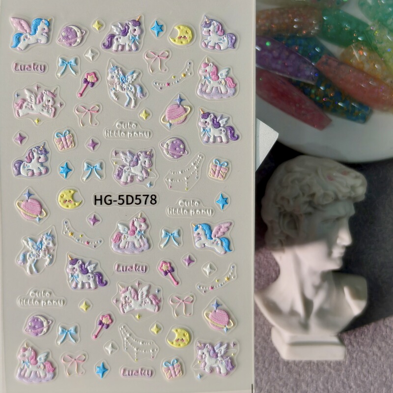Rainbow Unicorn Nail Art Stickers 5D Embossed Creative Flying Pony DIY Nail Stickers Hg Model