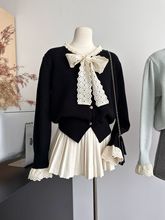 甜系穿搭套装女秋冬蕾丝蝴蝶结毛衣开衫长袖上衣搭高腰短裙两件套