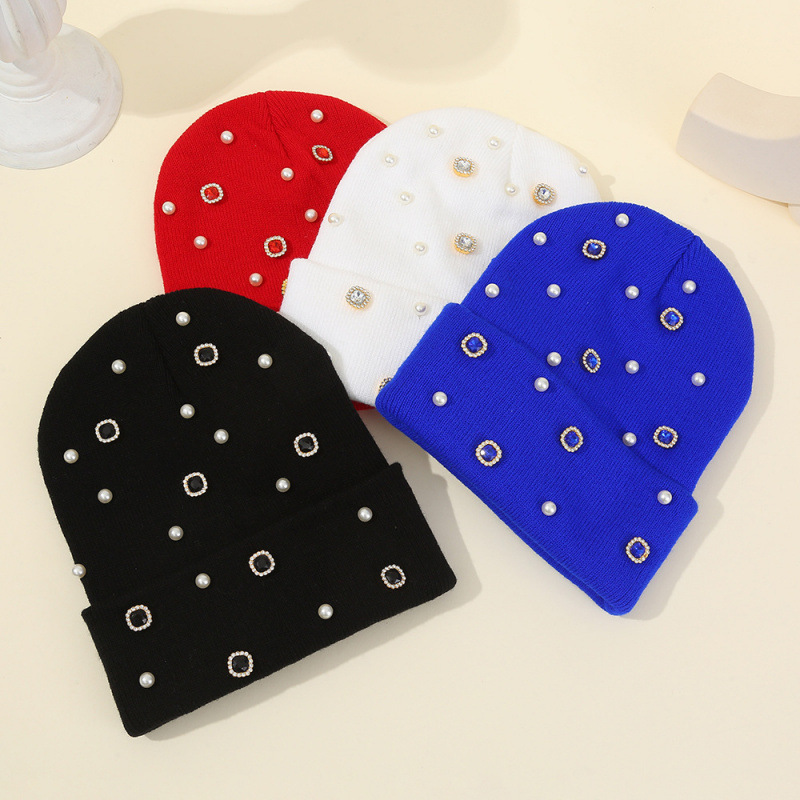 Ins Style Rhinestone Pearl Rabbit Fur Wool Hat Angora Rabbit Fur Double-Folded Edge Knitted Hat Fashionable Warm Winter Hat