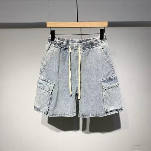 Men's denim summer loose waist Japanese workwear casual 5-inch adjustable waist pants