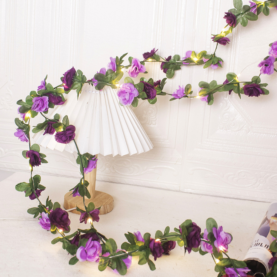 Simulación rosa lámpara de ratán decoración de ratán hotel de flores enrollado falso arte floral seda luz de colores luz intermitente decoración luz de alambre de cobre