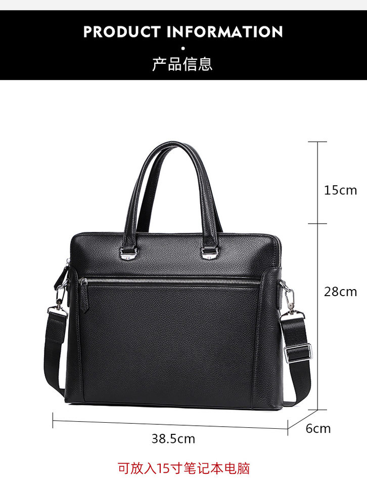 Cặp công sở mỏng da bò thật hai dây kéo, túi xách tay đeo chéo vai cho nam, đựng laptop 14 inch, 38,5×6×28 cm — Màu đen chi tiết 10