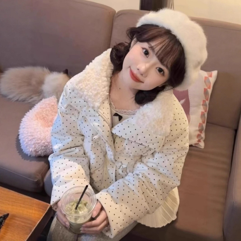 韩系甜美风波点毛领羽绒棉服外套女秋冬季宽松加厚保暖短款面包服|undefined
