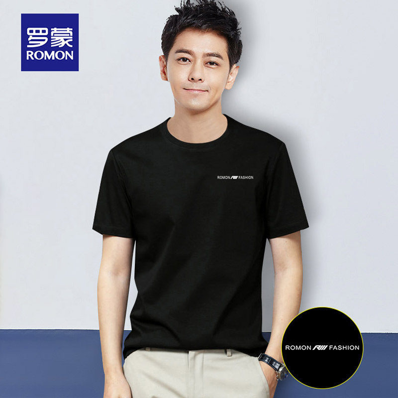Romon Short-Sleeve T-Shirt for Men, Versatile Round-Neck Printed Black Cotton Summer Loose Long-Sleeve Top, Light Luxury Romon Short-Sleeve T-Shirt for Men, Versatile Round-Neck Printed Black Cotton Summer Loose Long-Sleeve Top, Light Luxury