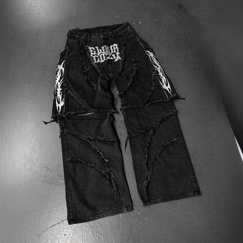 Cross-Border European and American Zipper Splicing Loose Patch Embroidered Raw Edge Jeans Men's High Street Design Loose Straight Pants