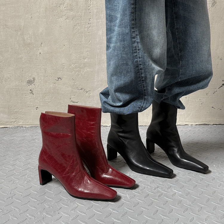 Fashionable leather chelsea stiletto heels square toe with zipper, low boots heels, cowhide, back zipper