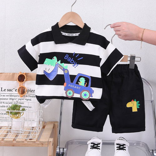 Boys summer suit Korean version trendy baby striped cartoon digger short-sleeved children's clothing one-year-old baby summer clothes