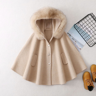 2025 New Autumn and Winter Girls' Double-Sided Woolen Outwear, Small and Medium-Sized Children's Woolen Shawl, Cloak Outwear, Fox Fur Collar