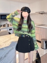 渐变撞色条纹短款毛衣女秋冬季2025新款套头宽松慵懒风针织衫上衣