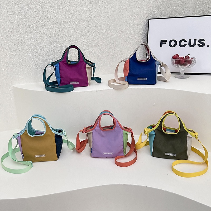Fashion Contrast Color Patchwork Crossbody Bag For Women, Lightweight Nylon Shoulder Bag, Sporty Casual Handheld Bucket Bag