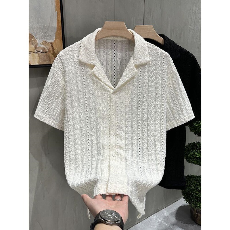 White Hollow-Out Short-Sleeve Shirt for Men, Summer South American Retro Ice Silk Cool-Feel Cuban Collar Shirt, Cleanfit Half-Sleeve White Hollow-Out Short-Sleeve Shirt for Men, Summer South American Retro Ice Silk Cool-Feel Cuban Collar Shirt, Cleanfit Half-Sleeve