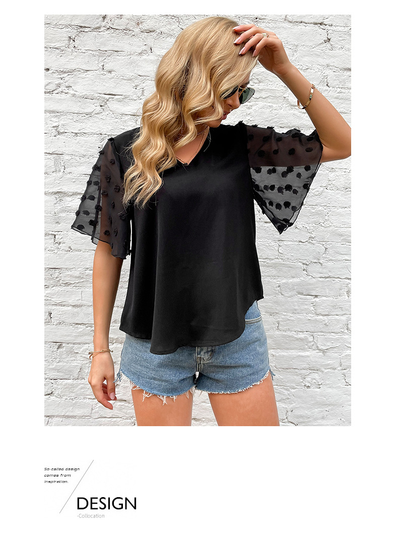 Schwarzes, kurzärmliges, durchsichtiges Trompetenhemd aus Netzstoff mit V-Ausschnitt_voghion.com