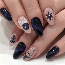 蓝黑色夜空闪粉杏仁甲雪花麋鹿圣诞夜假指甲穿戴甲批发nails