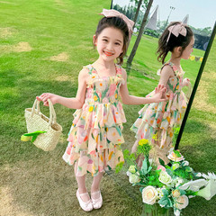 女童連衣裙2024夏裝新款小女孩甜美碎花蛋糕裙中小童度假風吊帶裙